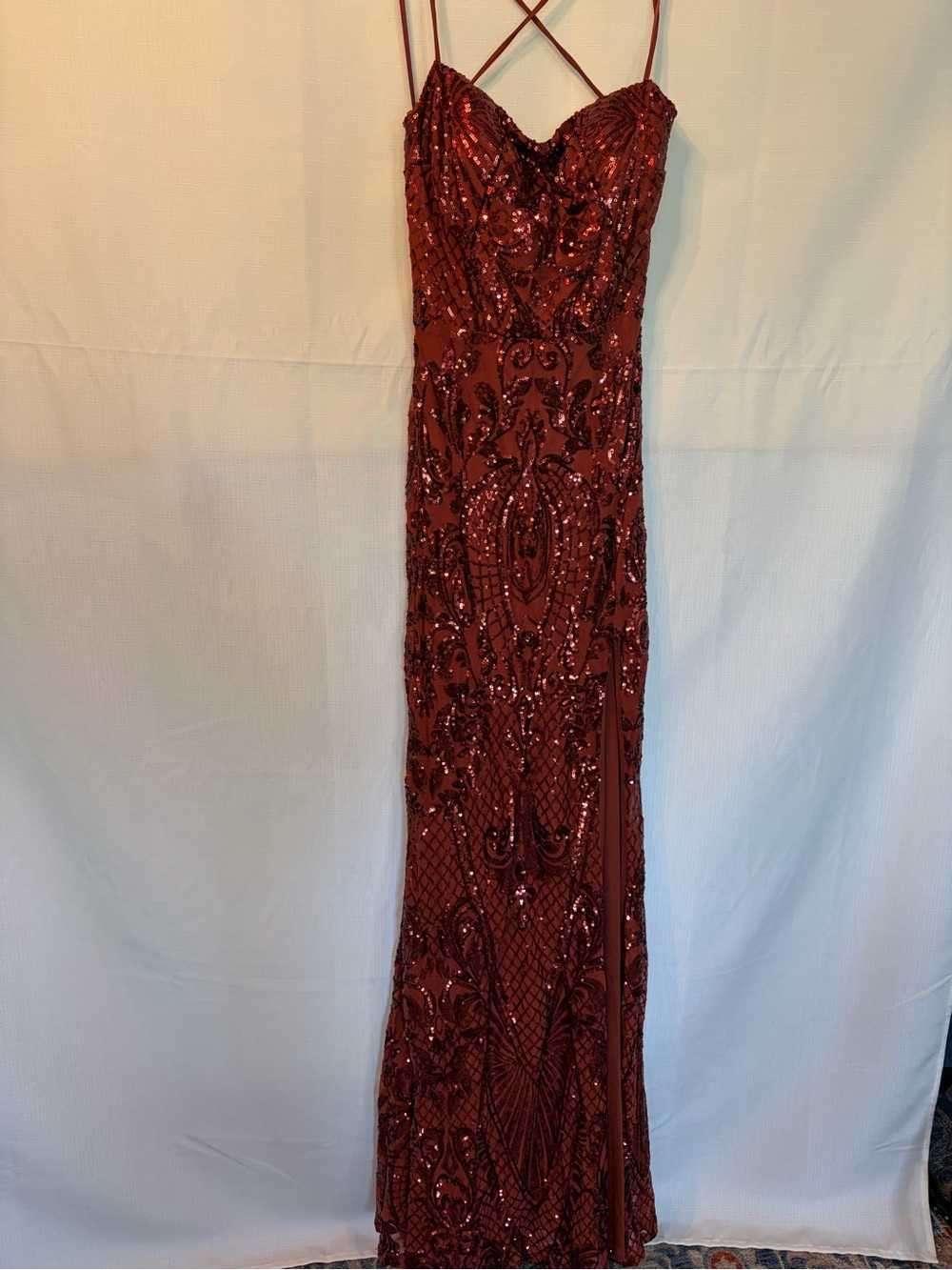 Windsor Rust Red Sequin Spaghetti Strap Prom Gown